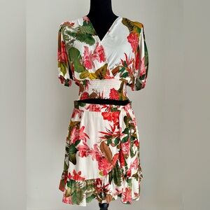 Gianni Bini Pink Smocked Floral Wrap Top & Ruffle Skirt Set